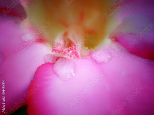 Pink Desert Rose Macro: Dew-kissed petals of a pink desert rose, captured in extreme close-up, showcasing intricate details and vibrant color. A stunning image for nature lovers and design projects.  photo