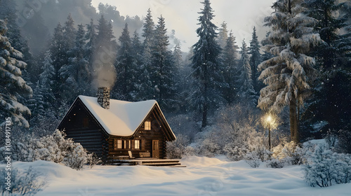 Cozy Cabin in a Snowy Forest