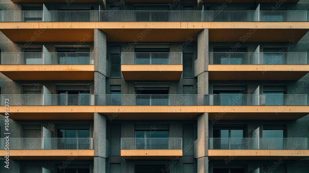 A Building Facade with Balconies and Geometric Patterns A Building Facade with Balconies and Geometric Patterns