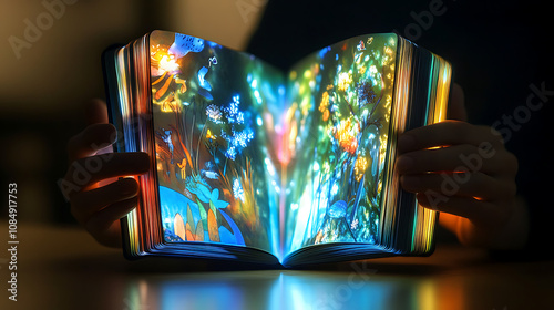 A compact, foldable e-book with a flexible OLED screen, displaying vibrant illustrations and text that adapt based on the reader's preferences and input 