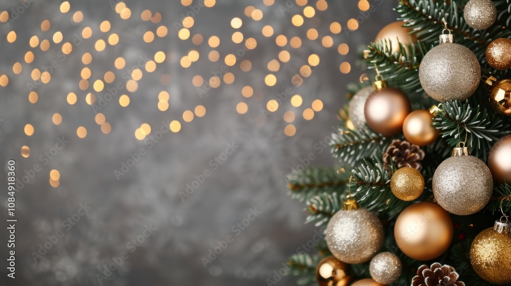 Elegant gold and silver ornaments adorn a Christmas tree, sparkling against a bokeh backdrop. Elegant gold and silver ornaments adorn a Christmas tree, sparkling against a bokeh backdrop.