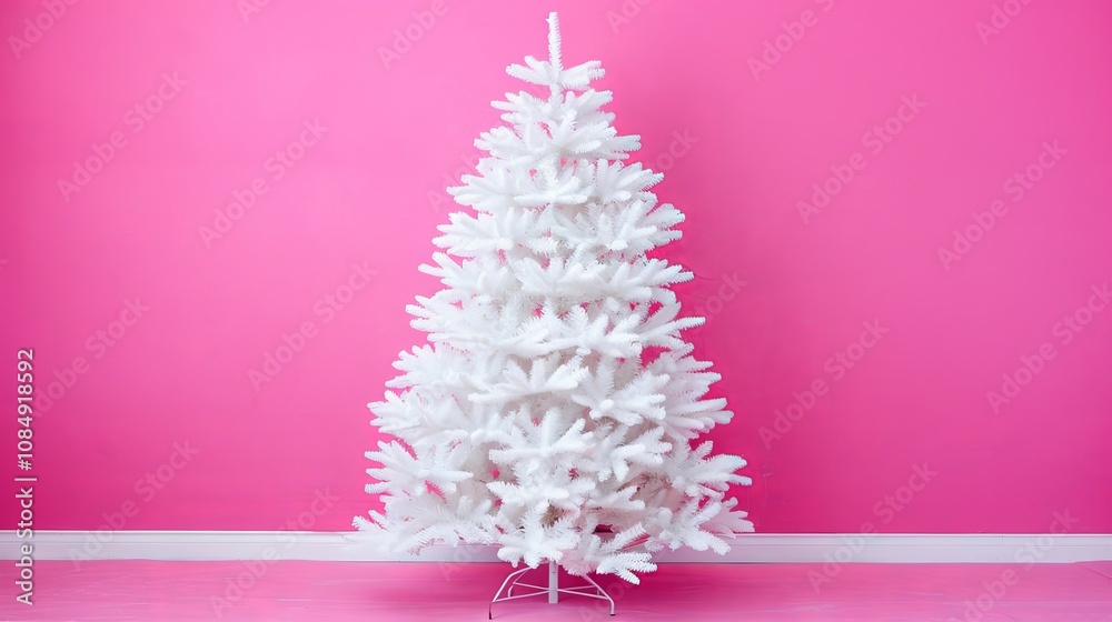 White Christmas tree against a pink wall. White Christmas tree against a pink wall.
