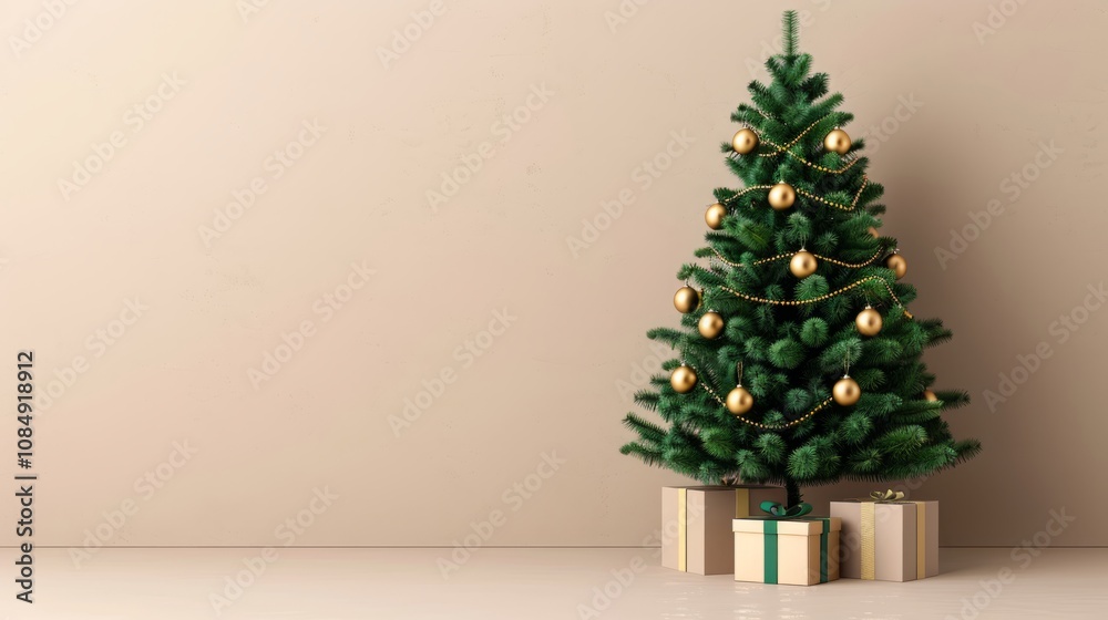 Elegant Christmas tree with gold ornaments and gifts. Elegant Christmas tree with gold ornaments and gifts.