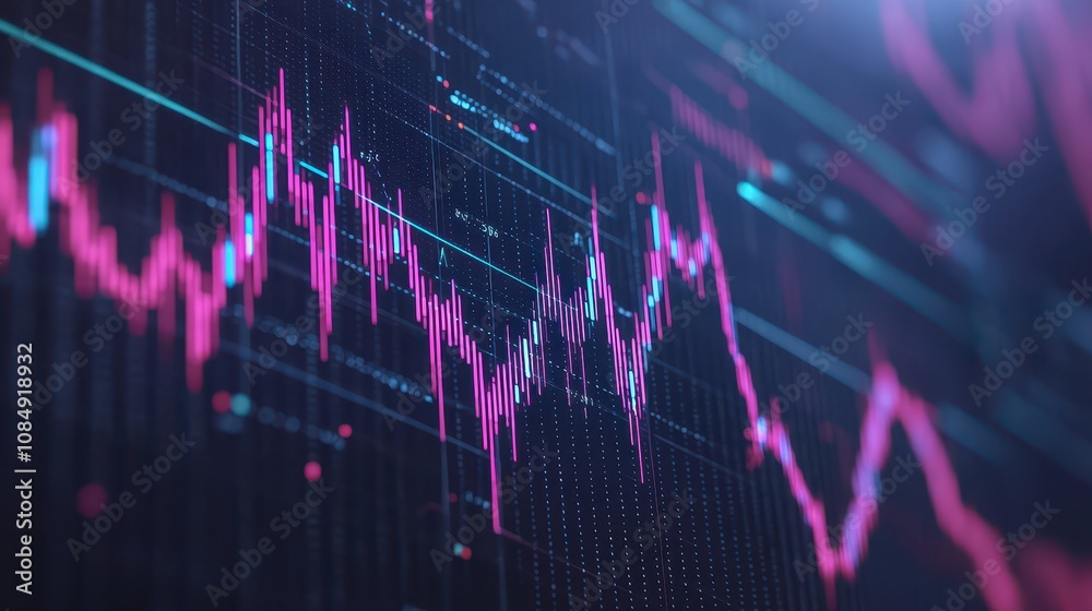 A vibrant digital representation of fluctuating stock market trends, showcasing dynamic graphs in shades of pink and blue against a dark background. A vibrant digital representation of fluctuating stock market trends, showcasing dynamic graphs in shades of pink and blue against a dark background.