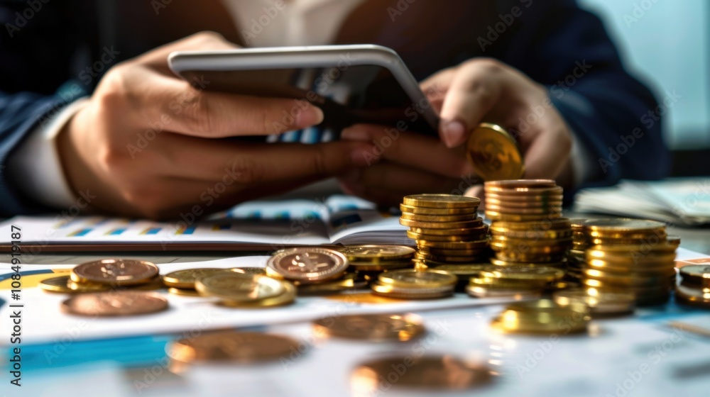 Illustrate the concept of personal finance with a person managing investments and financial assets on a digital tablet, Personal finance management scene, Financial style Illustrate the concept of personal finance with a person managing investments and financial assets on a digital tablet, Personal finance management scene, Financial style