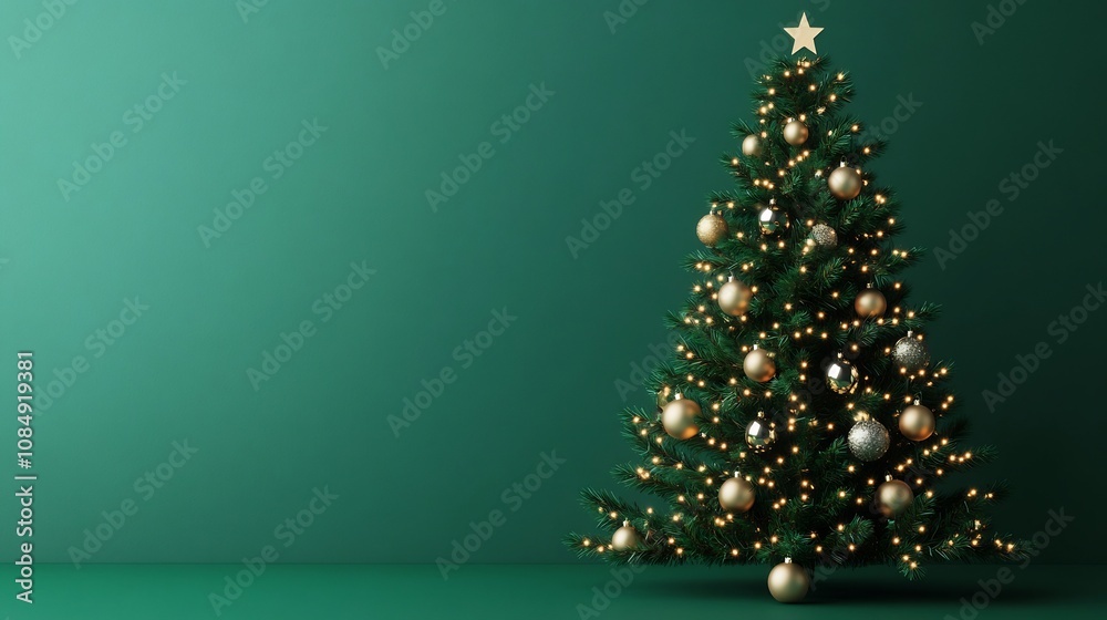 Festive Christmas Tree with Sparkling Lights and Ornaments on Green Background Festive Christmas Tree with Sparkling Lights and Ornaments on Green Background