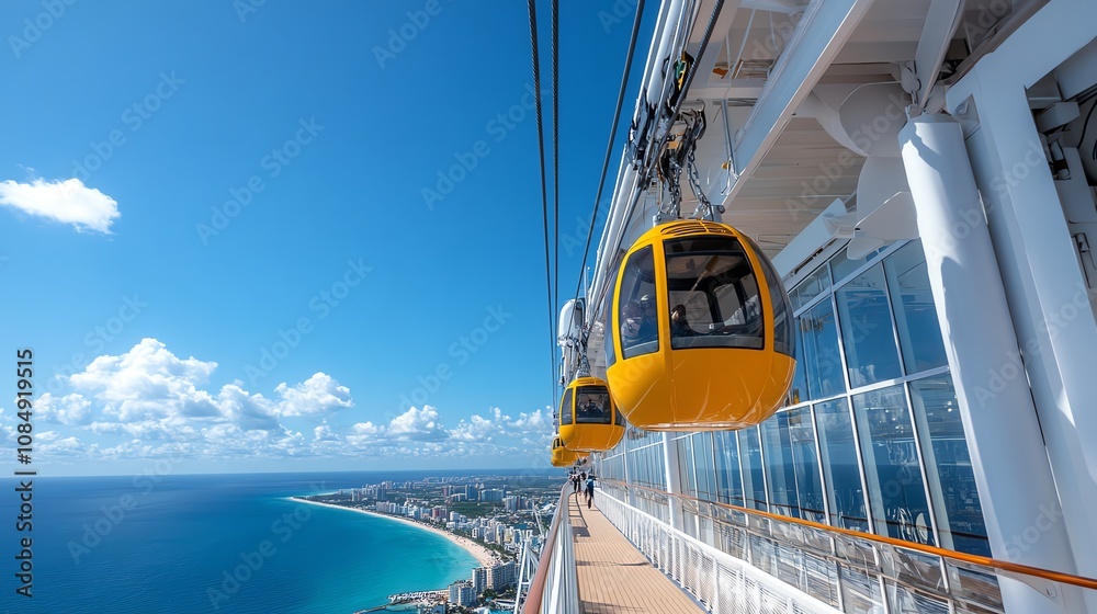 Fototapeta premium Passengers ziplining from one section of the cruise ship to another, surrounded by open skies and ocean