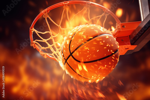 Basketball is launching into hoop while surrounded by vivid flames sparks, creating an electrifying moment in game filled with energy excitement. photo