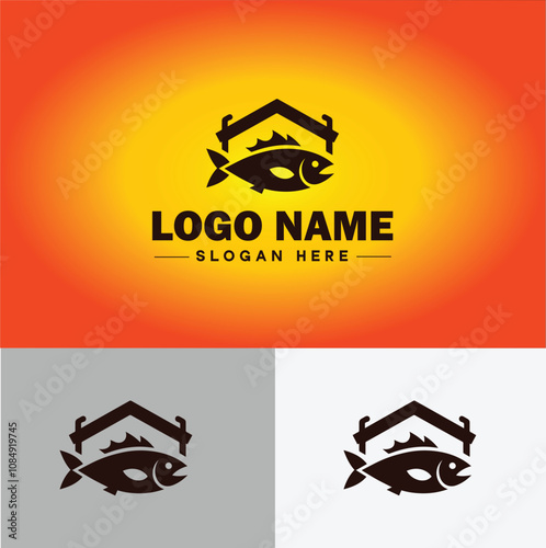 Fish market icon Seafood market Fishmonger Fish shop flat logo sign symbol editable vector
