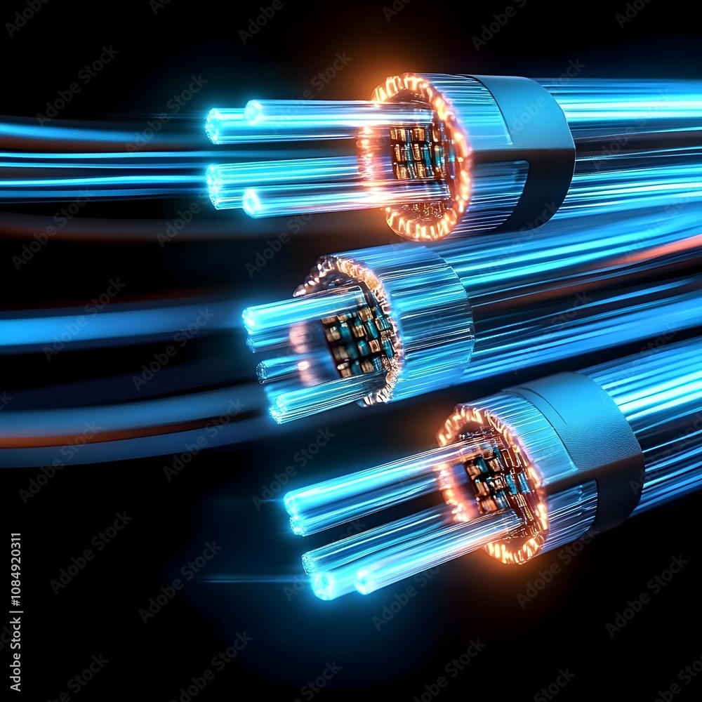 Close-Up of Glowing Optic Cables on Black Background Close-Up of Glowing Optic Cables on Black Background