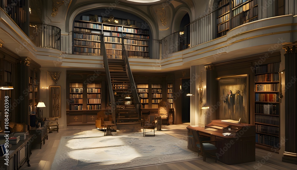 A grand and opulent library filled with bookshelves reaching towards a vaulted ceiling. The room is bathed in warm light, casting inviting shadows across the rich wood paneling and plush furniture A grand and opulent library filled with bookshelves reaching towards a vaulted ceiling. The room is bathed in warm light, casting inviting shadows across the rich wood paneling and plush furniture