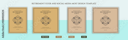 Happy retirement flyer, social media post design, banner, vector, pension, savings, plan, brochure, fund, magazine, traditional, old, elder citizen, party, free, senior, a4 template bundles.
