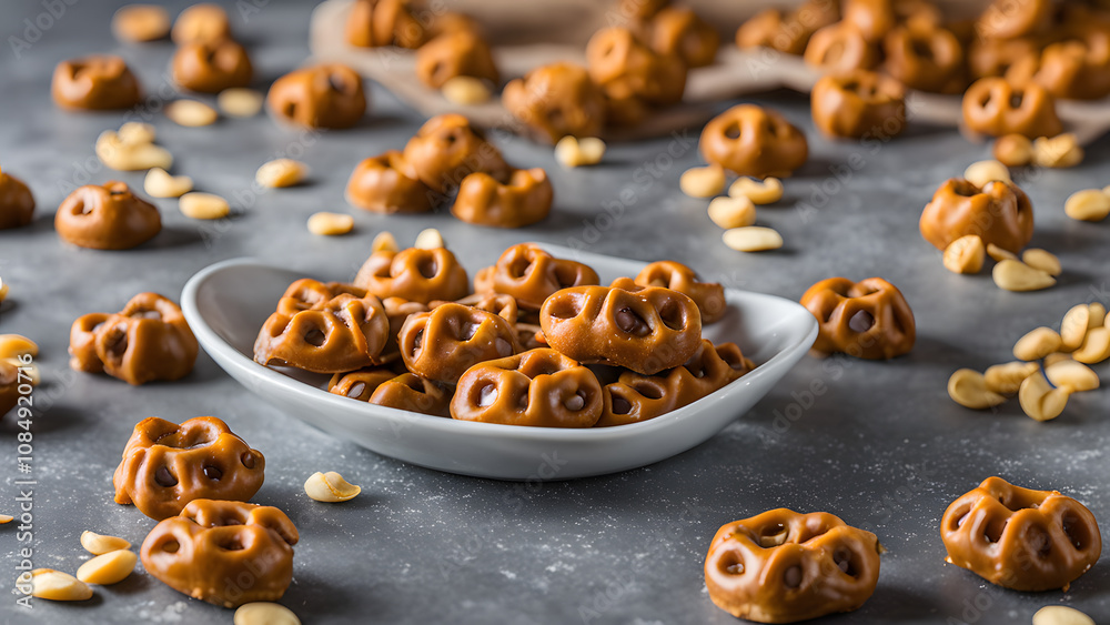 A plate of brown candies with a bowl of peanuts on the table A plate of brown candies with a bowl of peanuts on the table