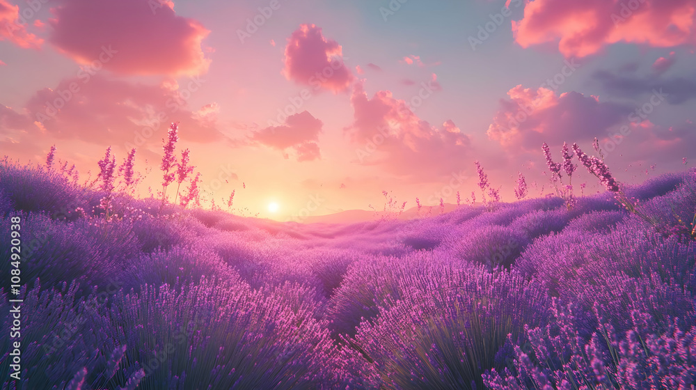 Purple Lavender Field Sunset Landscape Illustration