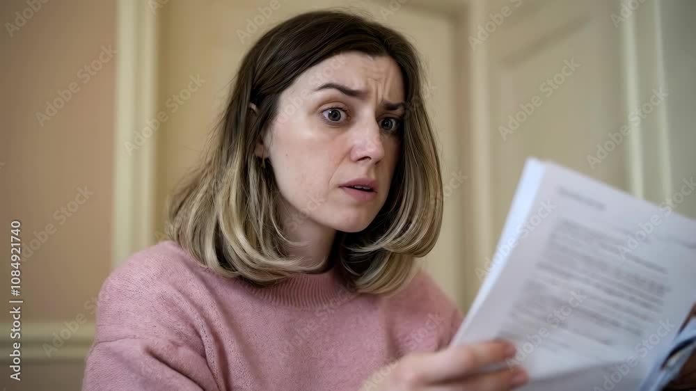 A concerned woman reading a document with a worried expression. A concerned woman reading a document with a worried expression.