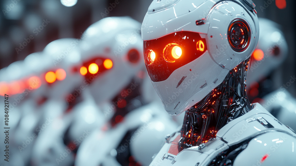 Futuristic robots with glowing eyes in precise formation Futuristic robots with glowing eyes in precise formation