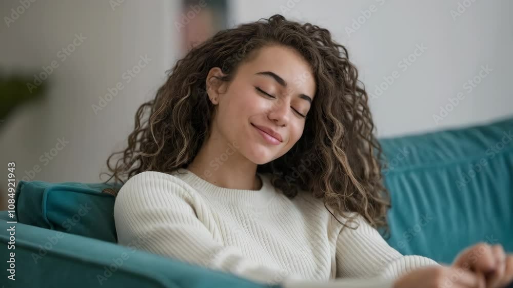 A young woman relaxes on a couch, enjoying a moment of tranquility. A young woman relaxes on a couch, enjoying a moment of tranquility.