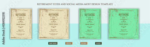 Happy retirement flyer, social media post design, banner, vector, pension, savings, plan, brochure, fund, magazine, traditional, old, elder citizen, party, free, senior, a4 template bundles.
