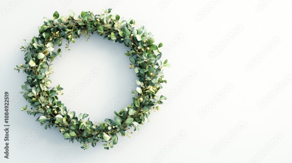 Obraz premium A Christmas wreath, seasonal decoration, detailed 3D illustration, lush greenery with golden accents, isolated on white background 