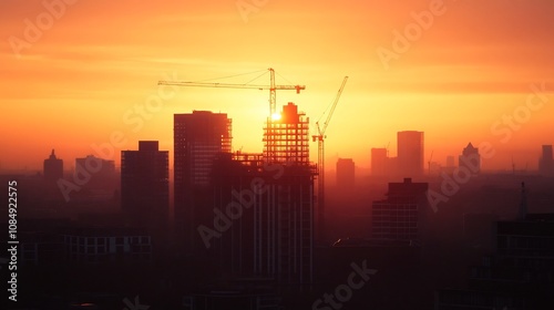 Dramatic Sunset Skyline of High-Rise Building Construction Site with Cranes and Scaffolding