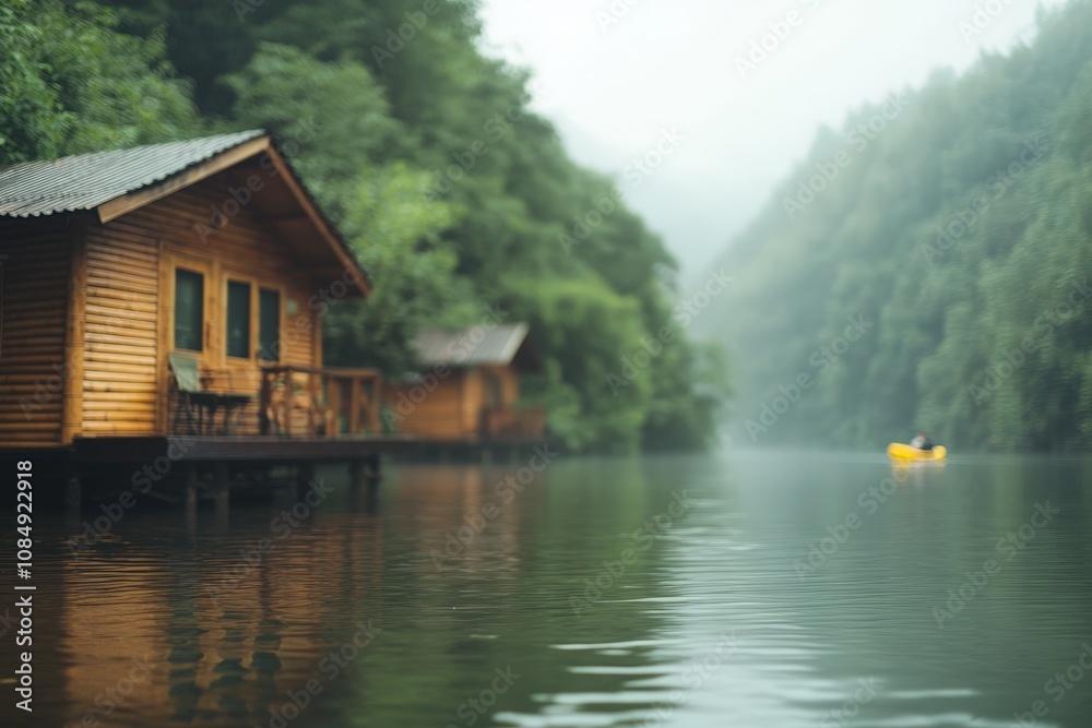 Serene Escape: Misty lake, cozy cabins, and a lone kayaker; tranquility personified. Serene Escape: Misty lake, cozy cabins, and a lone kayaker; tranquility personified.