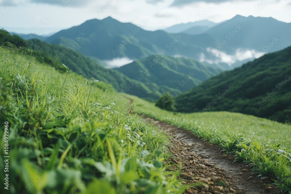 Fototapeta premium Serene Mountain Path: A Journey Through Verdant Hills and Misty Peaks.