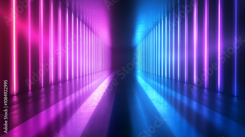 3D abstract neon light trail technology virtual reality room background. cyberpunk futuristic fashion vibrant line and shape geometric blue purple glow glossy striking wallpaper 