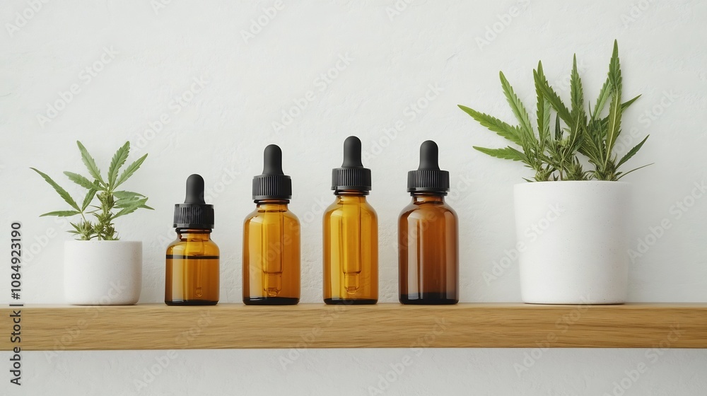 Labeled Bottles of CBD Oil and Cannabis Leaves on Modern Apothecary Shelf Labeled Bottles of CBD Oil and Cannabis Leaves on Modern Apothecary Shelf