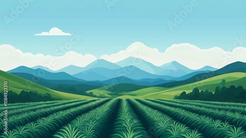 Picturesque Cannabis Field Nestled in a Lush,Serene Landscape Under a Bright Blue Sky