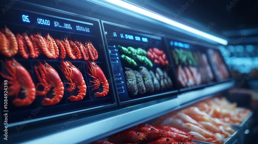 Digital Dashboard Displaying Frozen Seafood Temperature Levels for Real-Time Monitoring and Digital Dashboard Displaying Frozen Seafood Temperature Levels for Real-Time Monitoring and