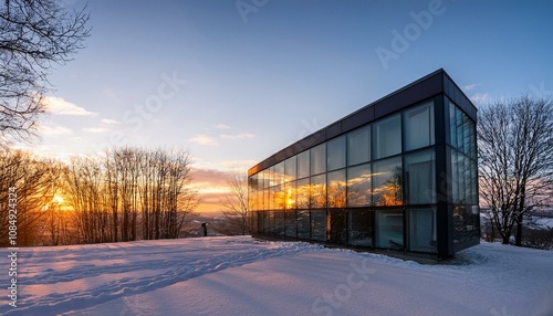 白い雪原に現代的なガラス張りの建物が立ち、夕日がそのガラス面に反射し、雪の中で温かい輝きを放つ。