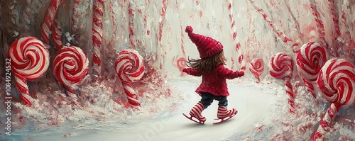 Gnome skating on an ice path winding through the candy cane forest, wearing peppermintstriped skates, enchanted holiday scene, Surreal, Acrylic painting, Playful details