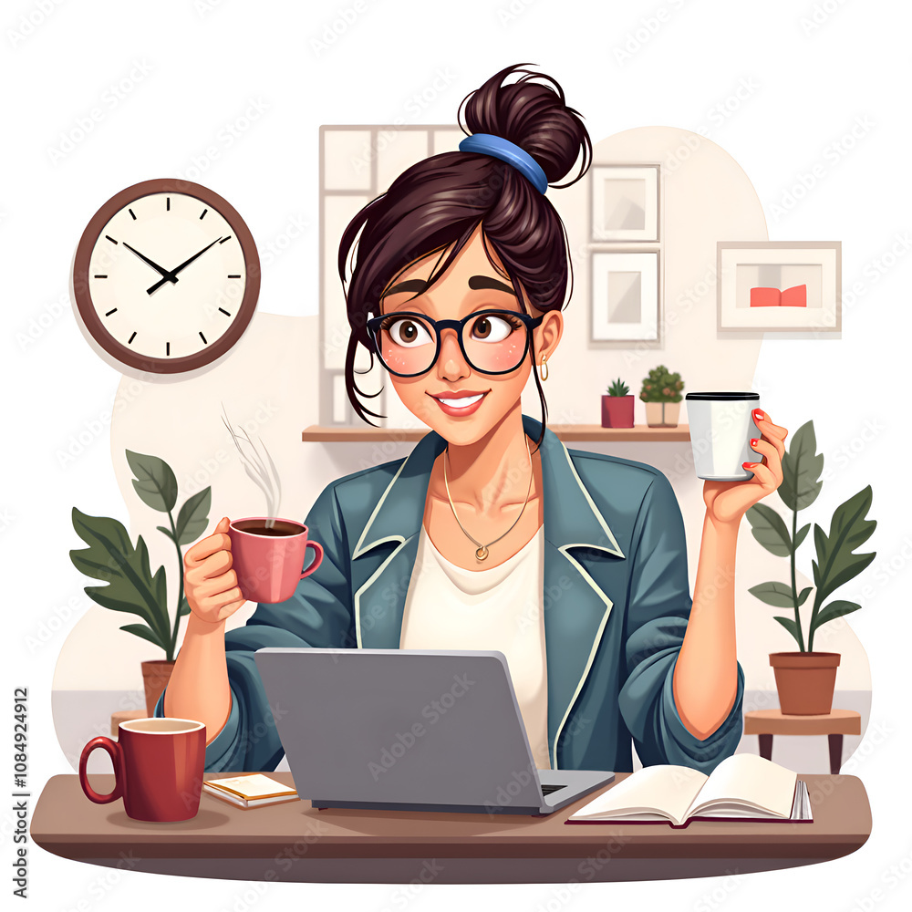 Young woman enjoying coffee while working on her laptop in a cozy home office space, digital illustration of lifestyle concept. Young woman enjoying coffee while working on her laptop in a cozy home office space, digital illustration of lifestyle concept.
