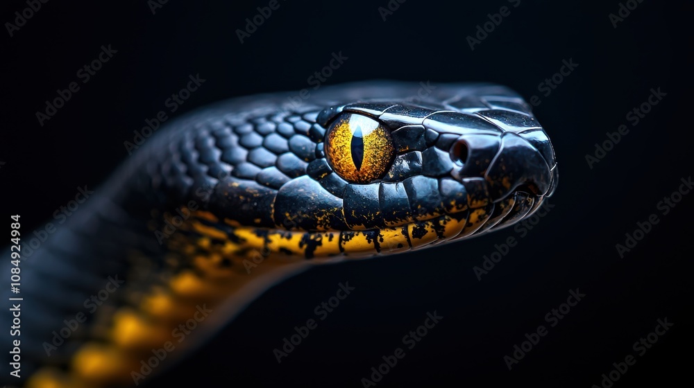 Close-up of a striking black and gold snake Close-up of a striking black and gold snake