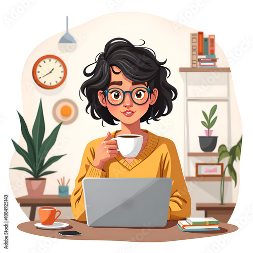 A cozy workspace with a thoughtful individual enjoying coffee while working on a laptop, digital art of workspace scenario concept.