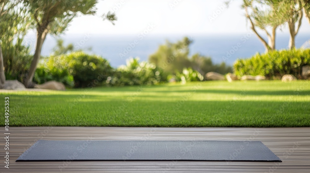Serene yoga mat on a tranquil outdoor deck Serene yoga mat on a tranquil outdoor deck