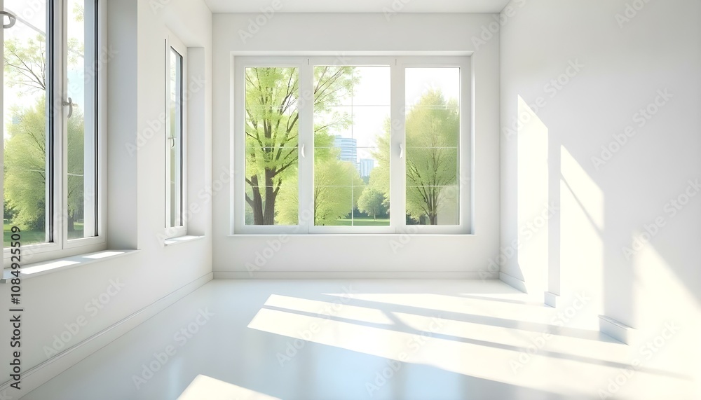 A bright, airy room with large windows letting in natural light. The room has white walls and floors, creating a clean, minimalist aesthetic. A bright, airy room with large windows letting in natural light. The room has white walls and floors, creating a clean, minimalist aesthetic.
