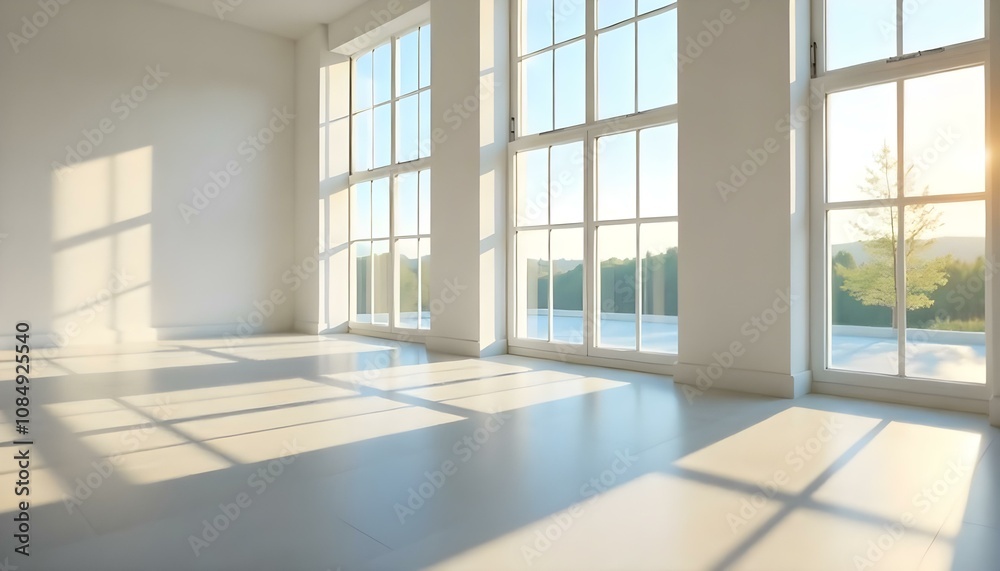 Fototapeta premium A bright, airy room with large windows letting in natural light. The room has white walls and floors, creating a clean, minimalist aesthetic.