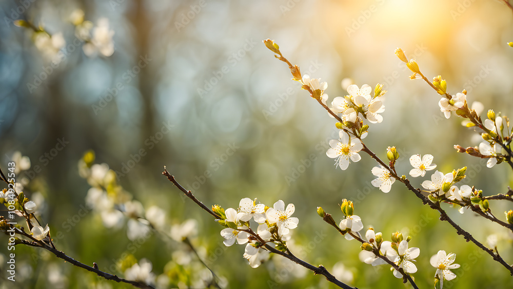 A field of white flowers with a bright sun shining on them A field of white flowers with a bright sun shining on them