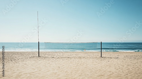 A calm beach volleyball court with a net and balls neatly positioned, A sunny, sandy beach with gentle waves in the background