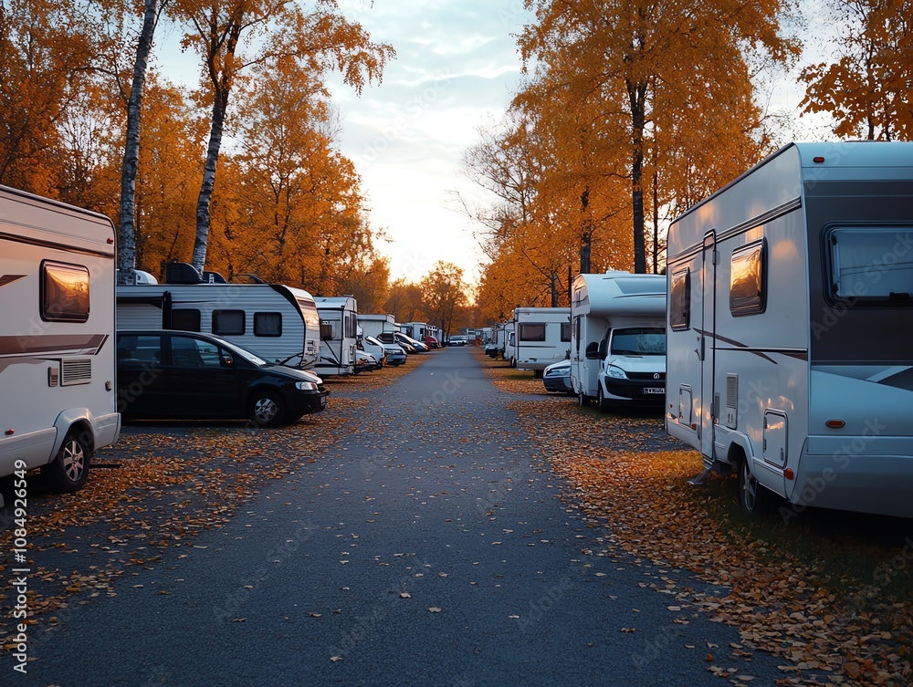 A forest RV park during autumn, with golden leaves carpeting the ground and crisp cool air A forest RV park during autumn, with golden leaves carpeting the ground and crisp cool air