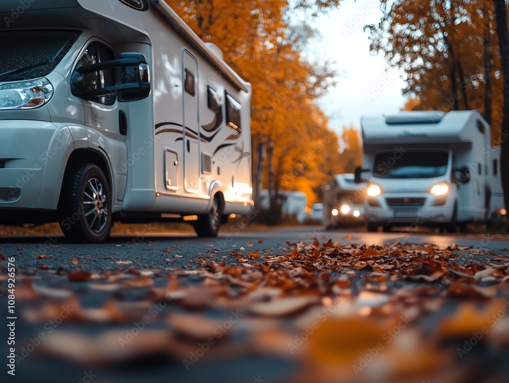 A forest RV park during autumn, with golden leaves carpeting the ground and crisp cool air