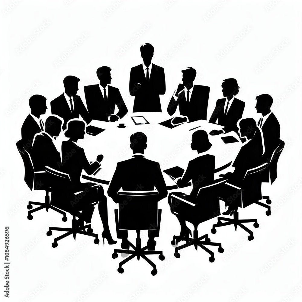 a group of business people sit around a round table group of people working together silhouette illustration. a group of business people sit around a round table group of people working together silhouette illustration.