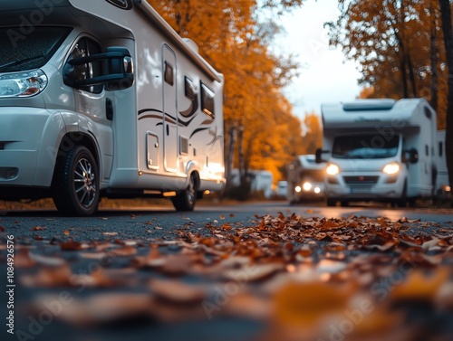 Obraz na płótnie A forest RV park during autumn, with golden leaves carpeting the ground and crisp cool air w salonie