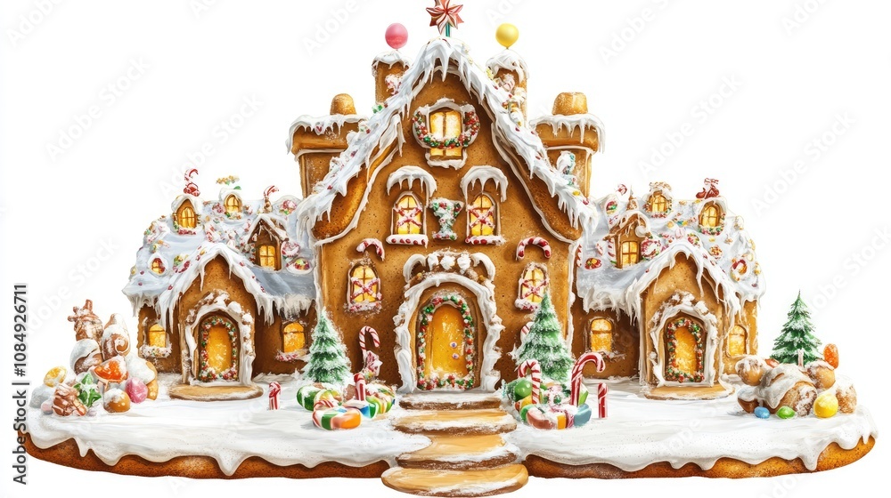 Fototapeta premium A gingerbread house, Christmas dessert, detailed illustration, decorated with icing and candy, isolated on white background