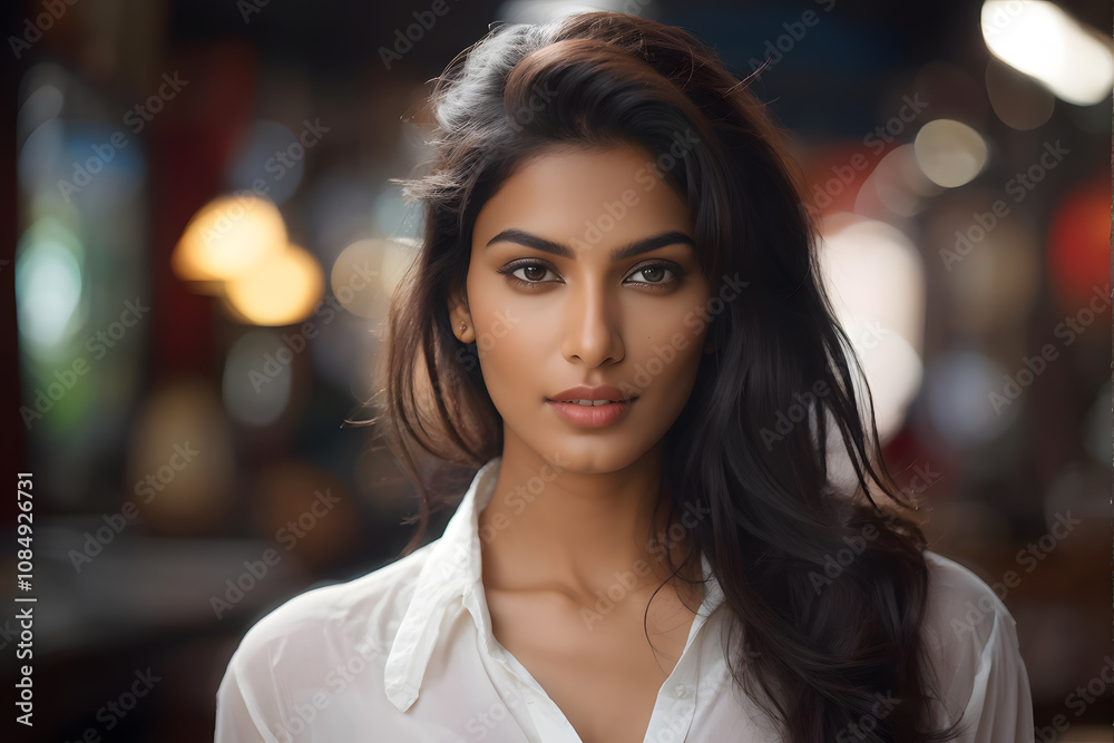 Obraz premium A woman with long dark hair and a white shirt