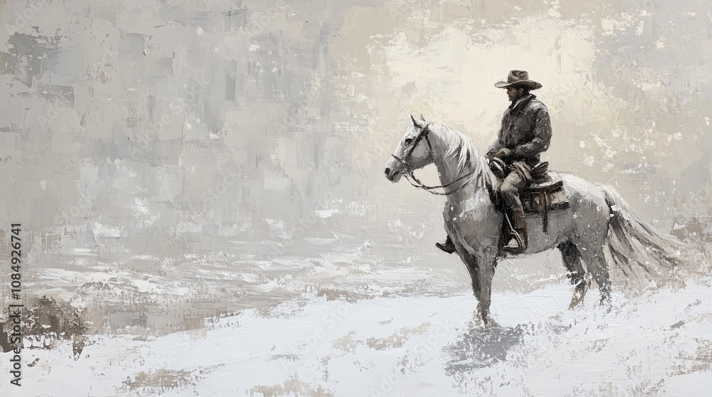 Fototapeta premium Cowboy on White Horse - Framed Oil Painting Style Canvas Print - Abstract Western Wall Art for Rustic & Modern Home Décor
