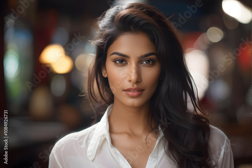 A woman with long dark hair and a white shirt