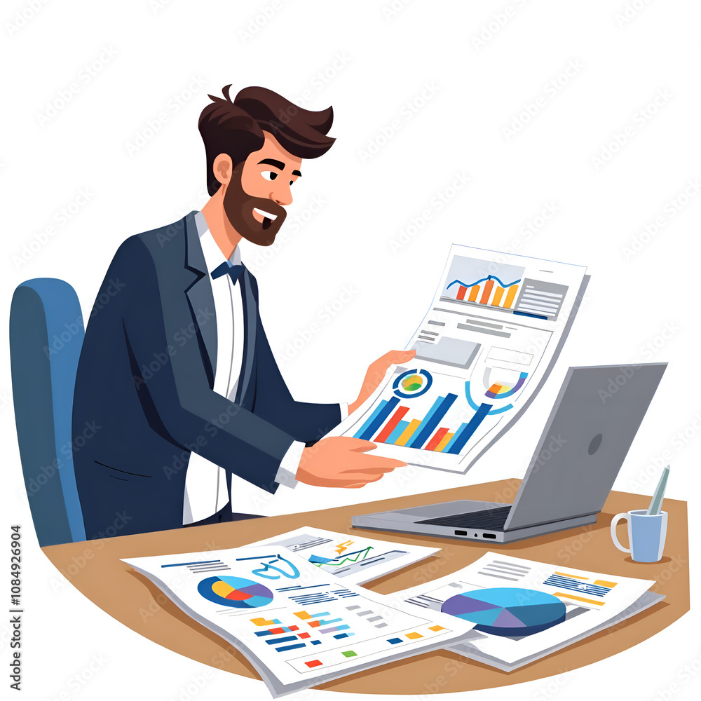 Dynamic business insights  a professional analyzing graphs and growth strategies in a modern office setting, digital illustration of business analysis concept.