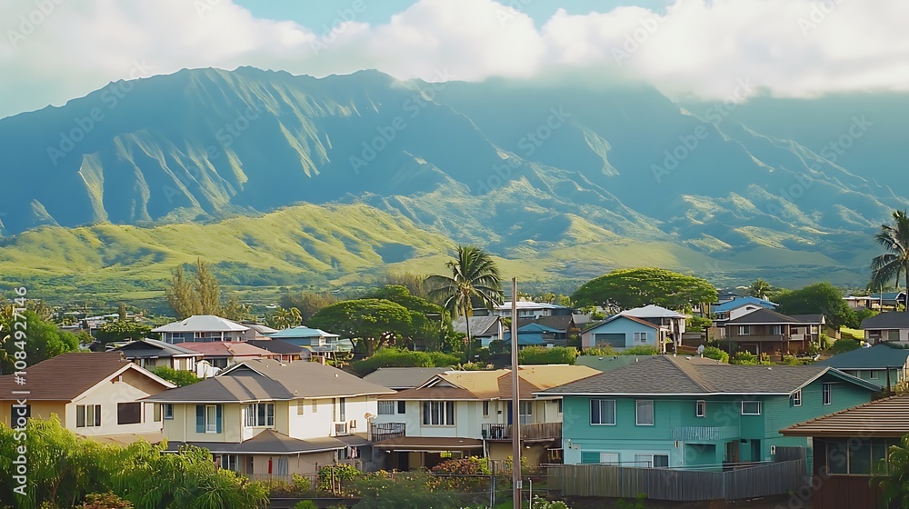 Fototapeta premium Maui Hawaii residential area with mountains in the background